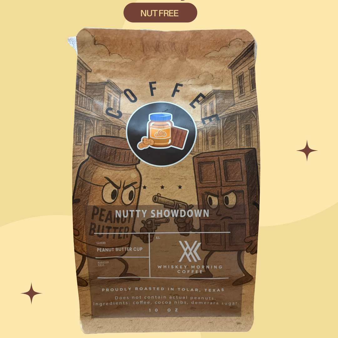Coffee package with cartoon characters on a beige background, featuring text about 'Nutty Showdown' coffee.