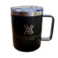 black coffee mug with logo on it