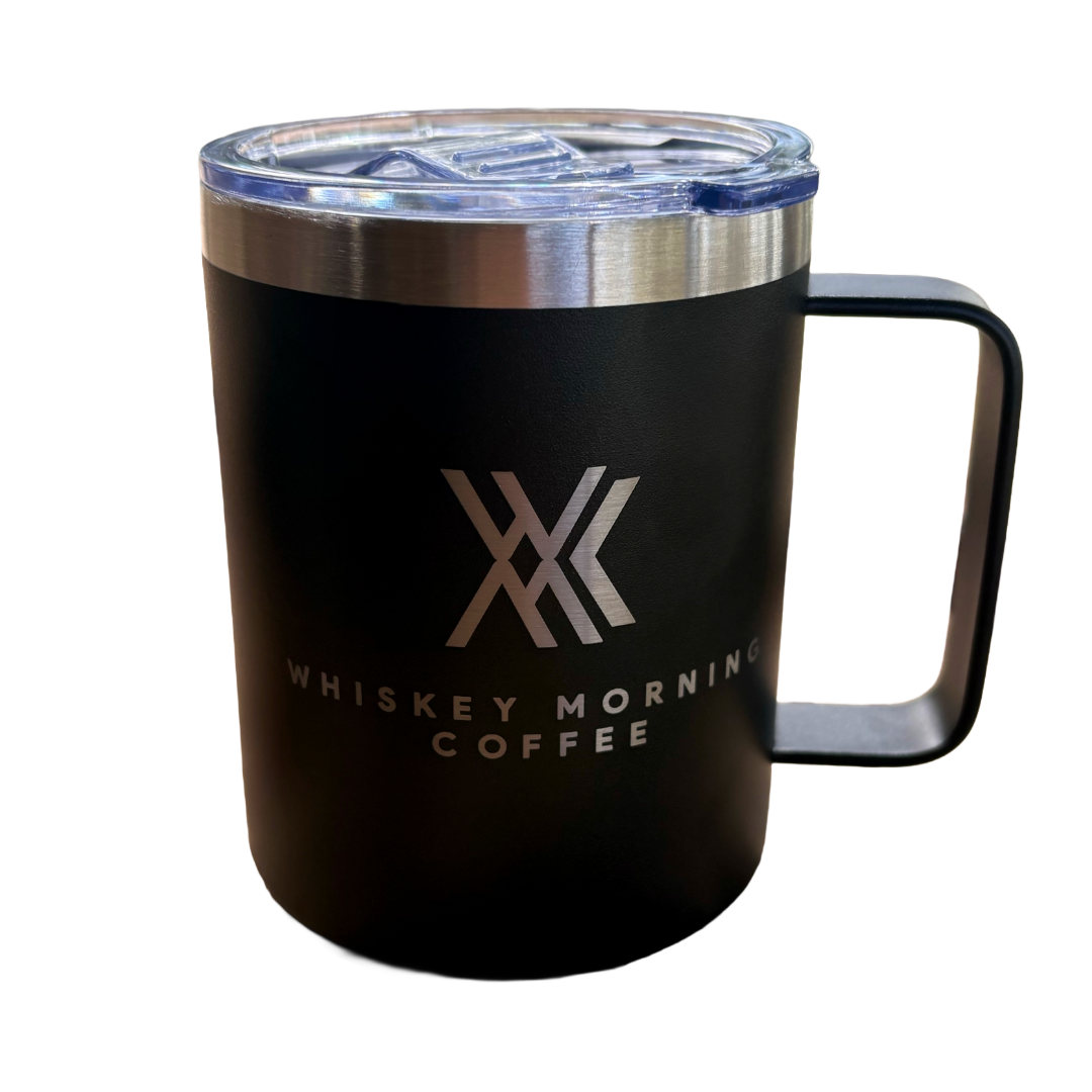 black coffee mug with logo on it