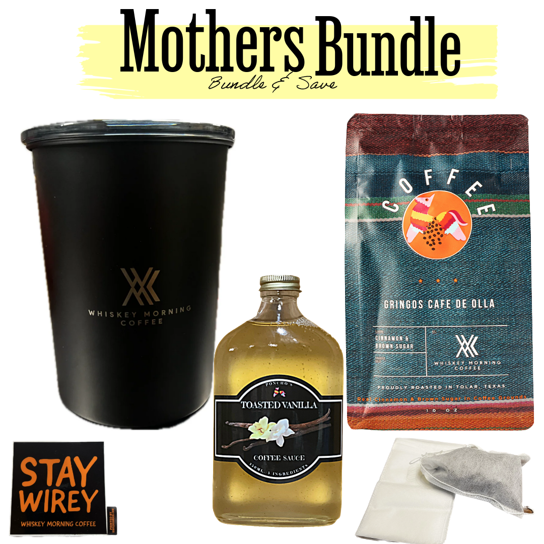 bag of coffee, syrup, coffee canister, cold brew sacks, and a sticker